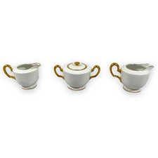 Vintage Okura Art China Creamer Sugar Milk Pitcher Set 3 White Gold Trim Japan 