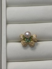 Butterfly Pearl Ring Gold Tone Green Enamel Vintage Style Statement Ring Gift UK