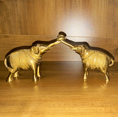 Vintage Brass Elephant Figurines Pair - Mid Century Good Luck Statues Engraved