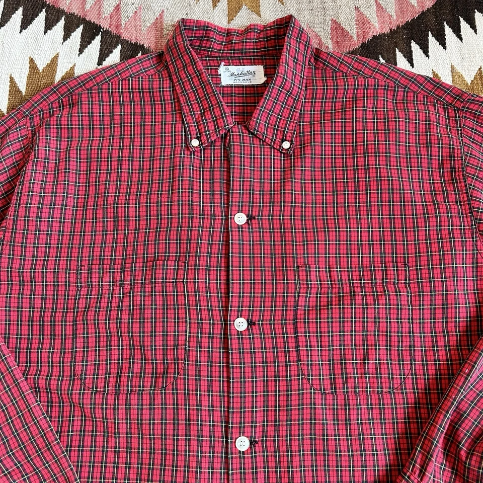 Vintage 1950s Manhattan ‘Ivy Man’ Plaid Cotton Loop Collar Shirt Sz XL - Red - Image 2 of 4