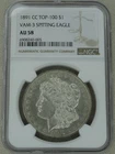 1891-CC Morgan Silver Dollar NGC AU 58 Spitting Eagle VAM-3 Top 100 Carson City