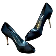 Stuart Weitzman Heel Womens 6.5 Black Dressy Formal Satin Peep Toe Studded PROM