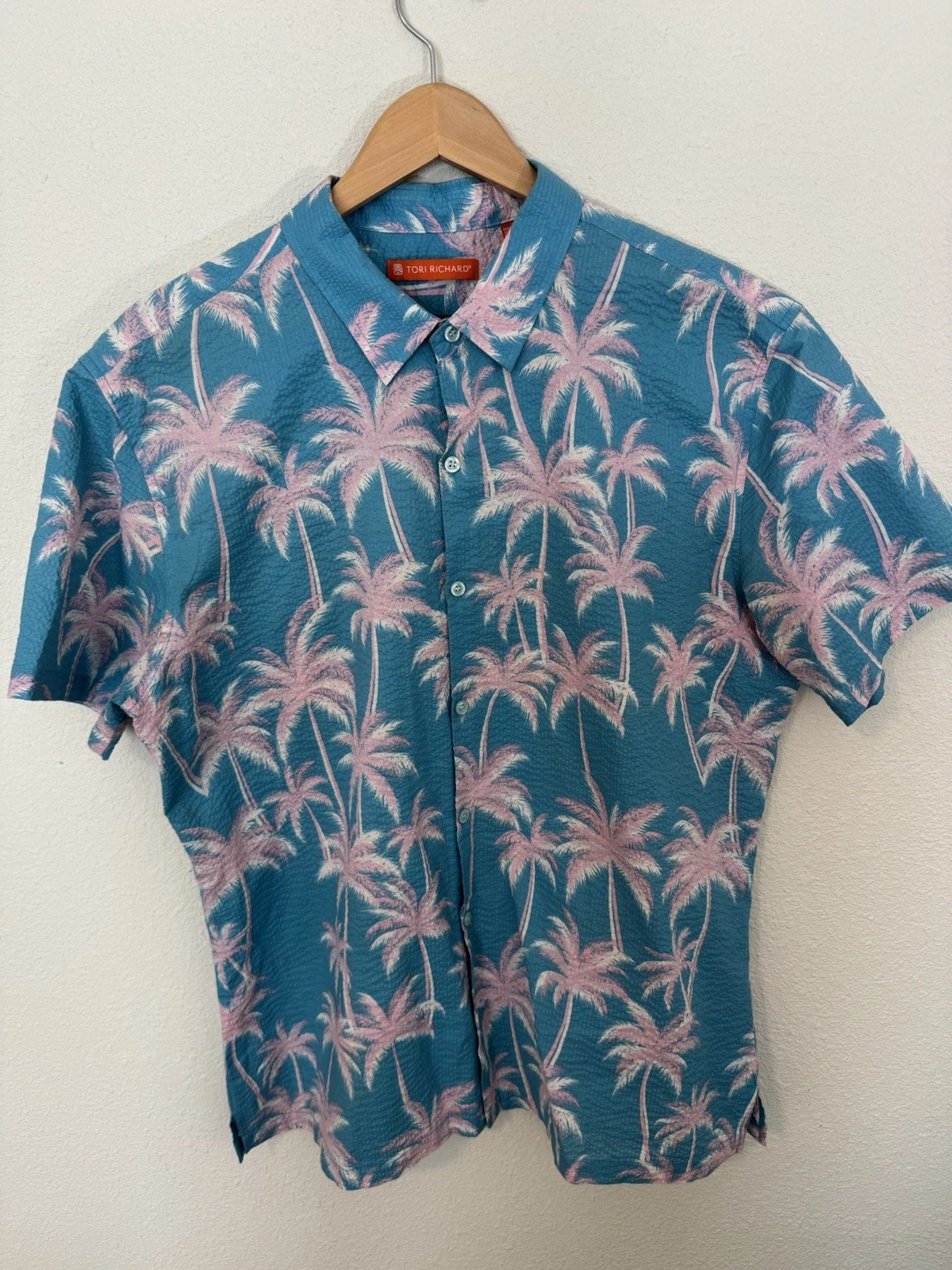 Tori Richard Men's Hawaiian Palm Tree Shirt Cotton Pucker Teal & Pink Size L