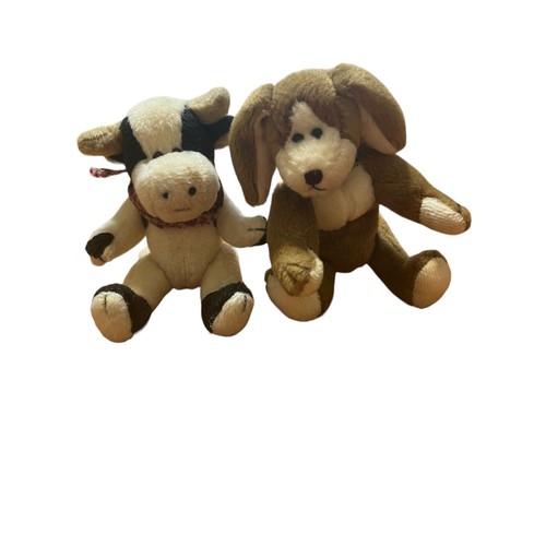 Pair of Vintage Small Plush Stuffed Animals Jointed Farm Cow Rabbit Dog - Picture 2 of 4