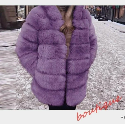 Women's Stand Collar Faux Fur Coat Mid Long Furry Casual Parka coat - Bild 27 von 38