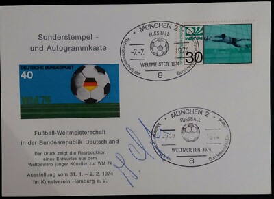 Autogrammkarte mit Sonderstempel Weltmeisterschaft 1974 Berti Vogts