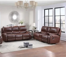 2PC Brown Manual Rocking Sofa Set with USB Port + 2 Power Outlets