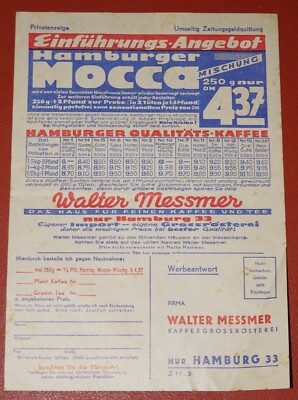 Alter Werbezettel Walter Messmer Kaffee und Tee Hamburg Mocca 1956