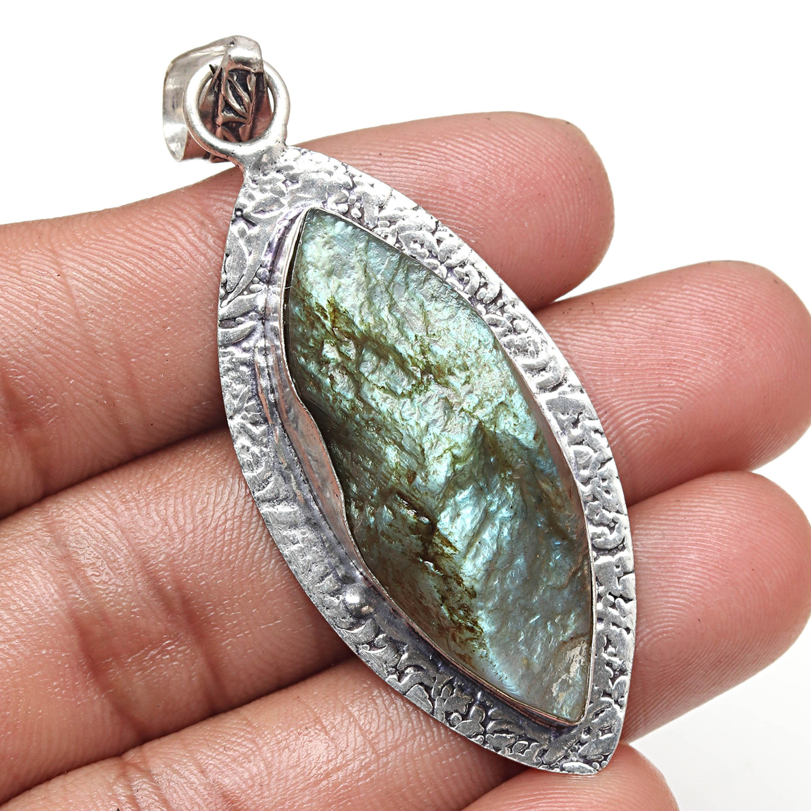 Labradorite Drusy Gemstone Silver Pendant Necklace for Valentine's Day Ethnic Jewelry 2 Inch