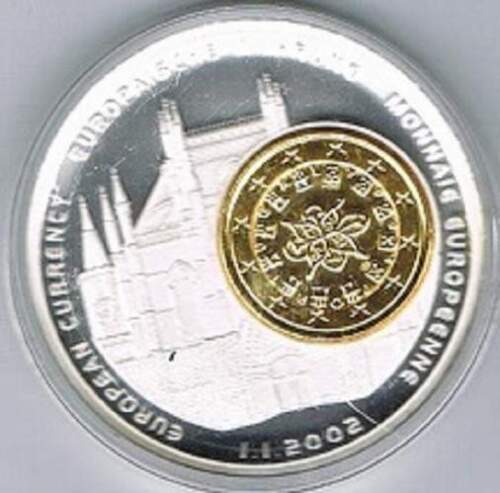 Verzilverde penning met vergulde 1 euro inlay 50 mm/61 gram - Portugal - 第 1/1 張圖片