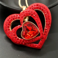 New Fashion Women Red Crystal Bling Three Hearts Love Pendant  Chain Necklace
