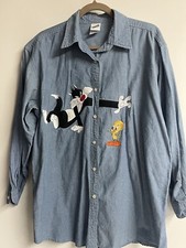 Vintage 90  s Warner Bros Studio Looney Tunes Long Sleeve Denim Dress Shirt Large