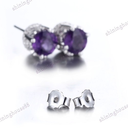 Women's Fine Earrings 10k White Gold 6.5mm Round Flawless Amethyst Fine Romantic - Picture 2 of 9