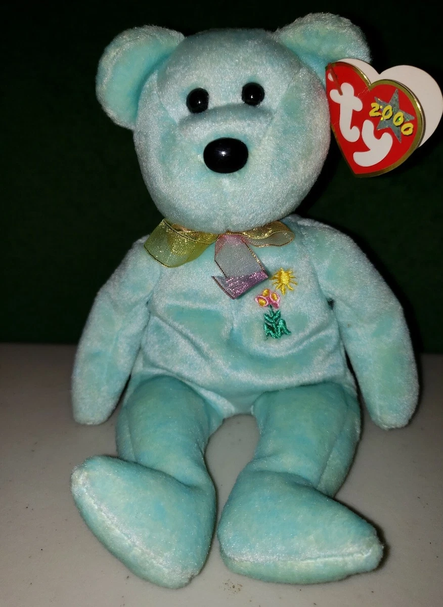 Ty Beanie Baby ARIEL 2000 Plush Blue Bear with Flowers and Sun on Chest
