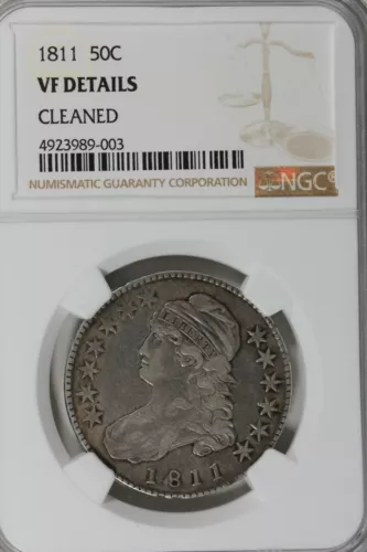 1811 50C NGC VF DETAILS, CLEANED. 1800's Capped Bust Half Dollar, Miss Liberty