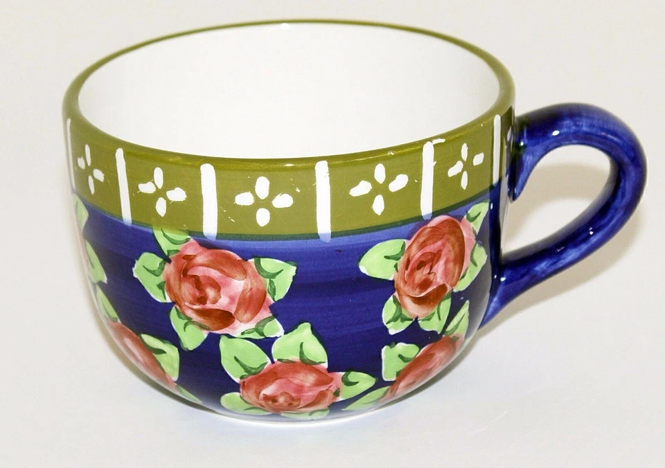 CRATE and BARREL Blue with Red Roses Ceramic Porcelain Mug Coffee Hot Chocolate - Image 2 of 4