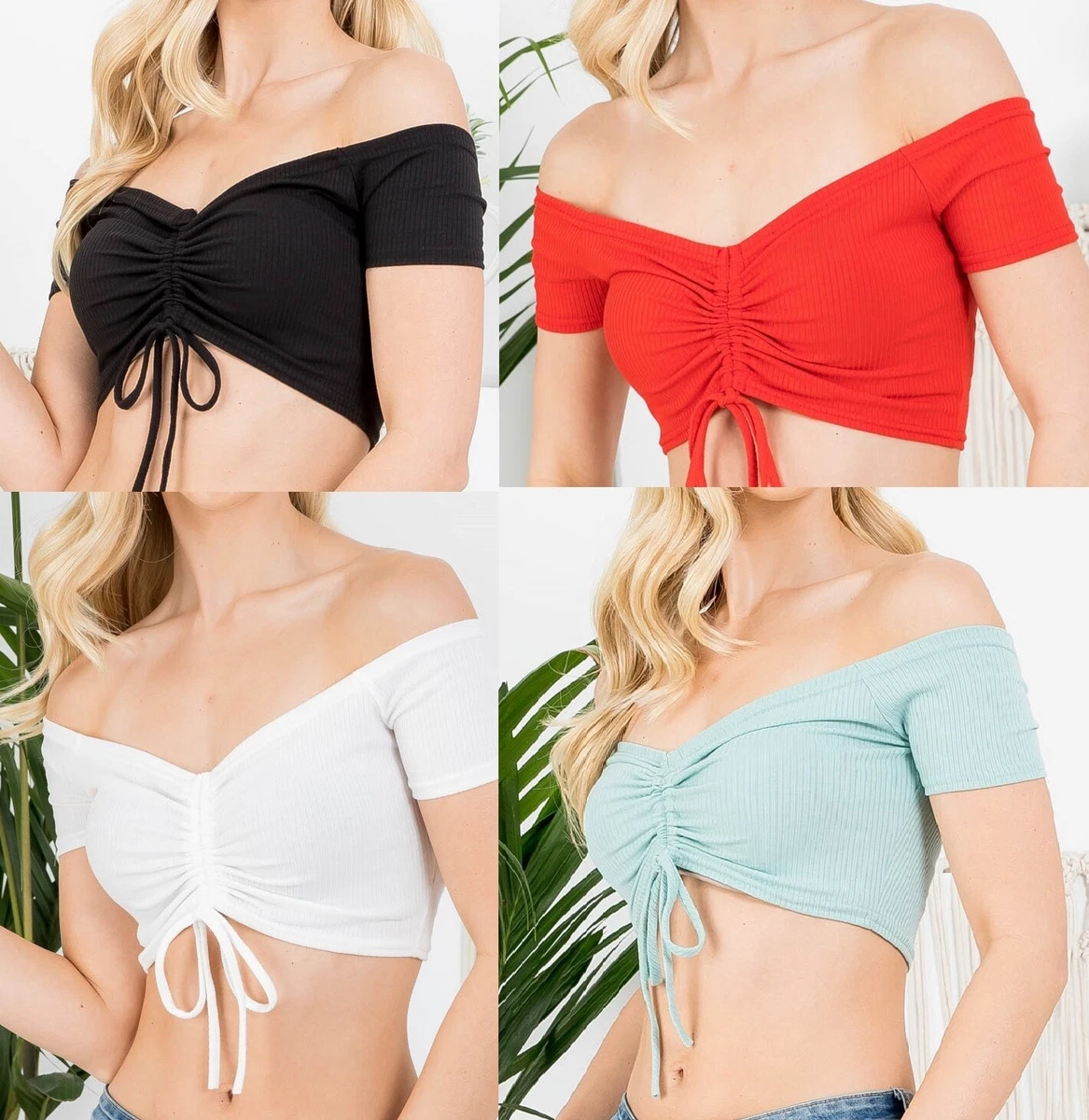 Ribbed Jersey Stretch Off Shoulder Ruched Drawstring Center Bralette Crop  Top