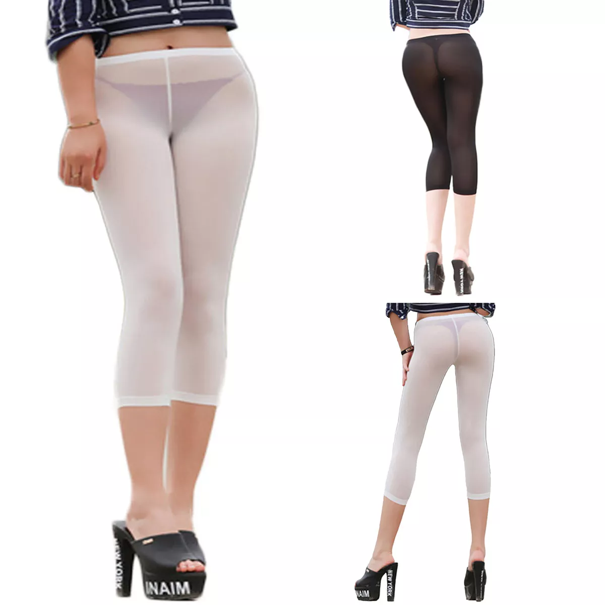 Women s Sheer Mesh Capri Stretchy High Waist Pants Cropped 3 4 Lenght Leggings