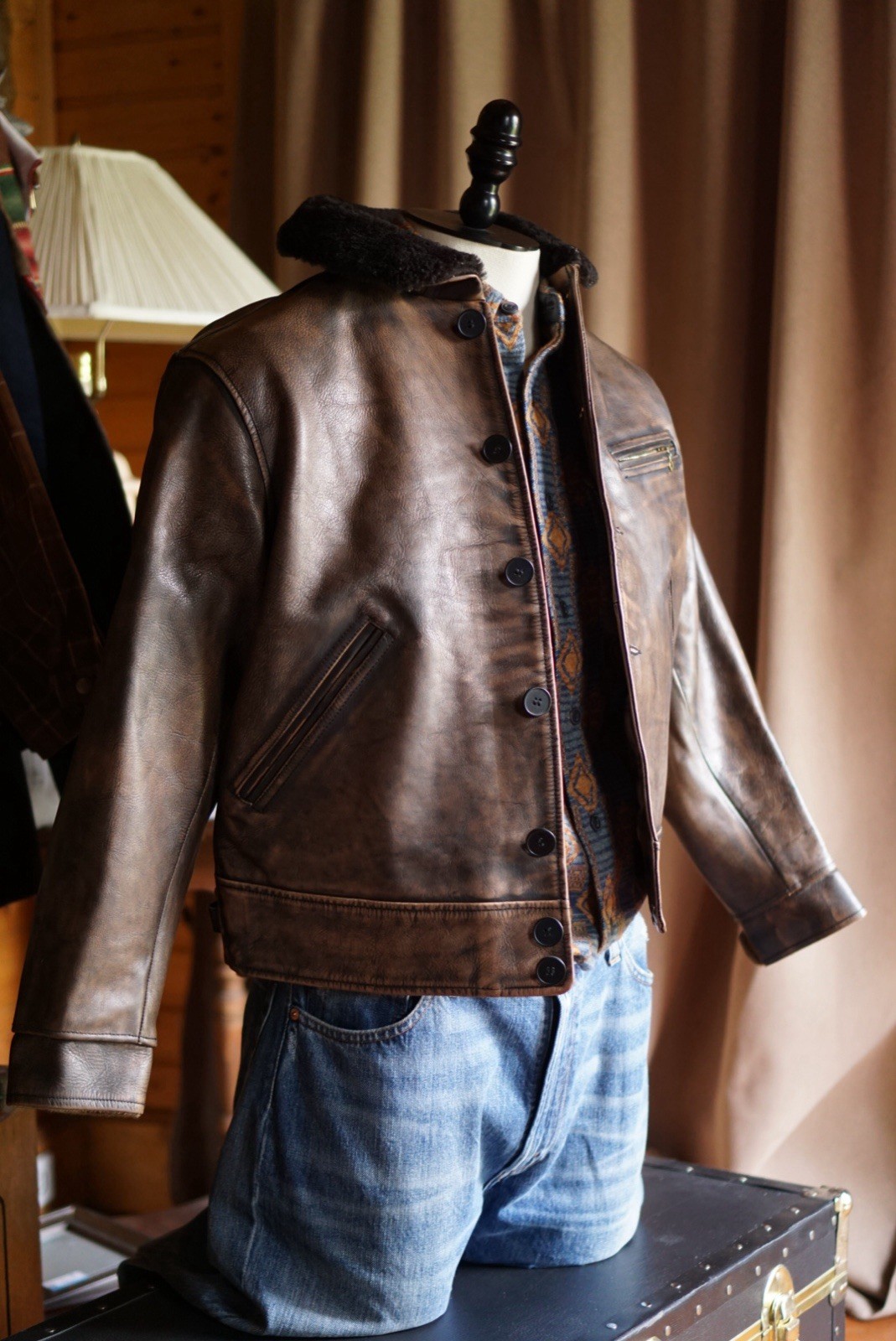RRL Ralph Lauren 40s Inspired Deck Jacket Brown Shearling Collar Button Size M image 6