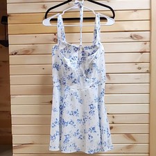White Blue Floral Lace Up Sweetheart Neck Sleeveless Short A-Line Dress Women
