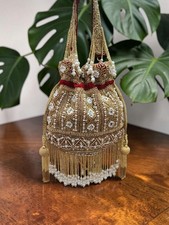 Handmade Rare Women's Indian Traditional Potli Bag Gold Clutch For Wedding Party