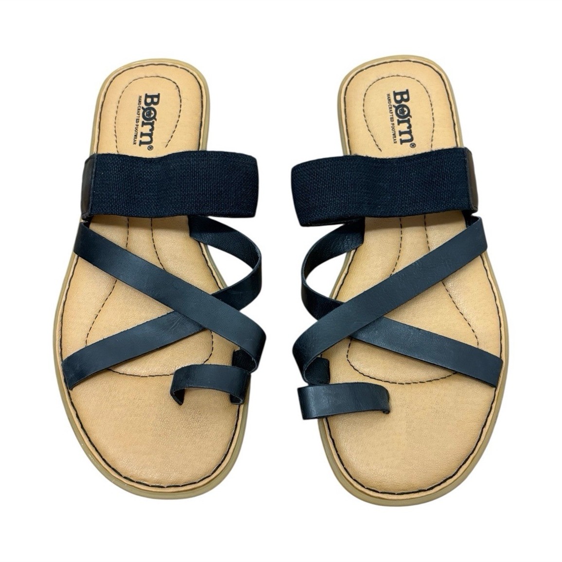 Børn Black Beige Strappy Solid Leather Flat Slip … - image 1