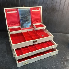 Vintage leatherette Jewelry Box Chest, 2 Drawer Mirror Key 16x9x7 Felt lined