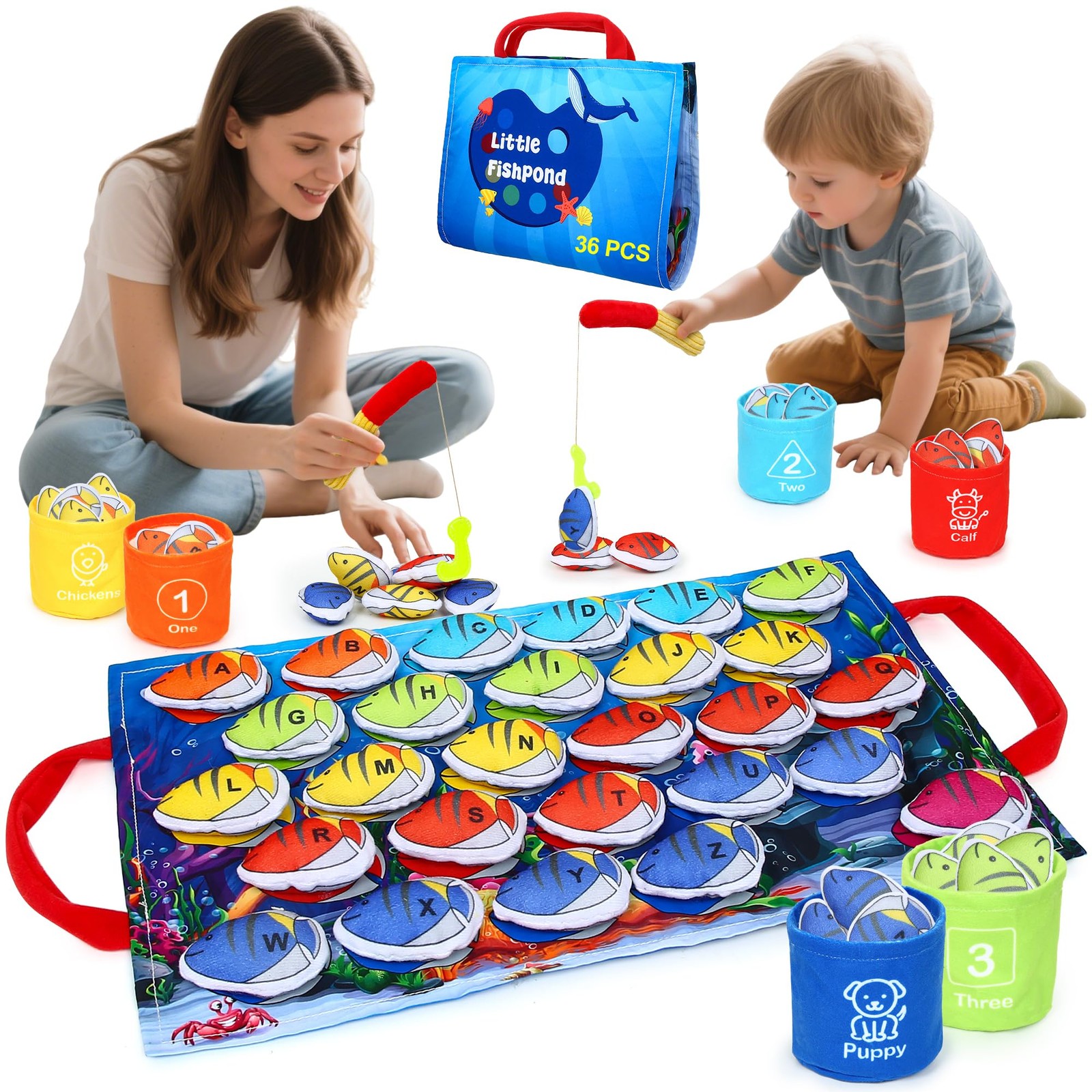 Montessori Cloth Fishing Game with 36 Color Sorting Pieces for Toddlers