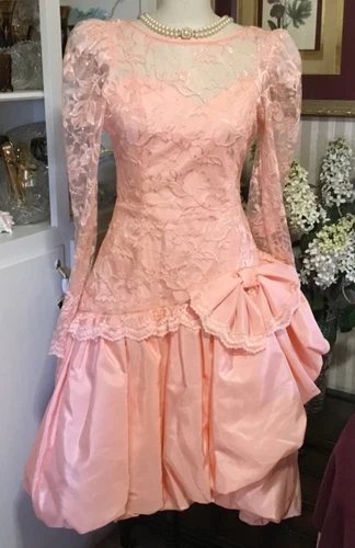 Women's Vintage 80's Kimmie Jo Peach Coral Lace Bridesmaid Prom Party Dress 12 M