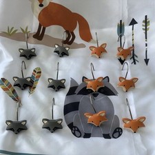 Fox Raccoon Wildlife Animal Shower Curtain Hooks Set of 12 Deco Bathroom Decor