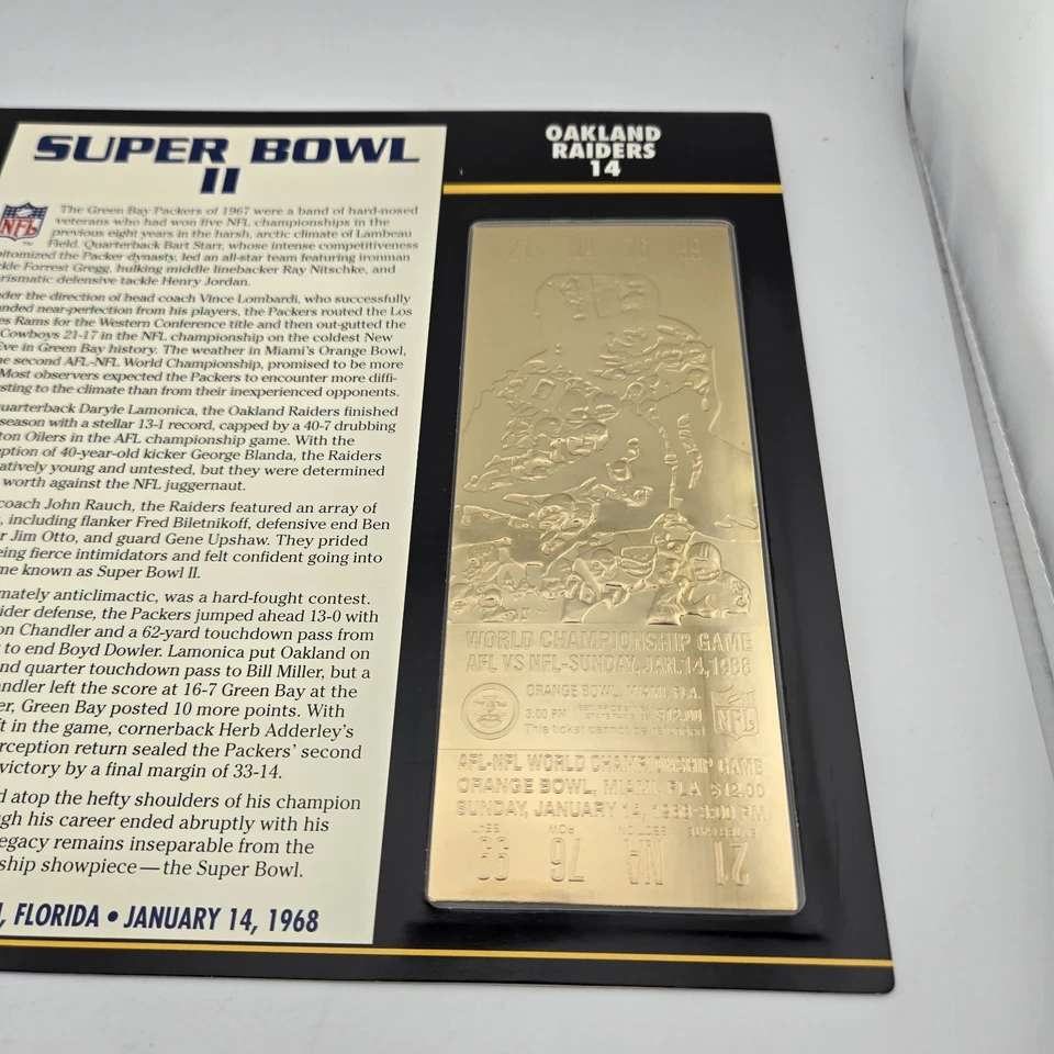 Boleto de oro 22K del Super Bowl II 2 1968 Packers Raiders Lombardi Starr regalo de la NFL  Foto 3 de 4