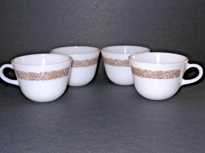 Set of 4 Pyrex Woodland Brown Coffee Tea Cup Mug Corelle Corning Ware Pattern