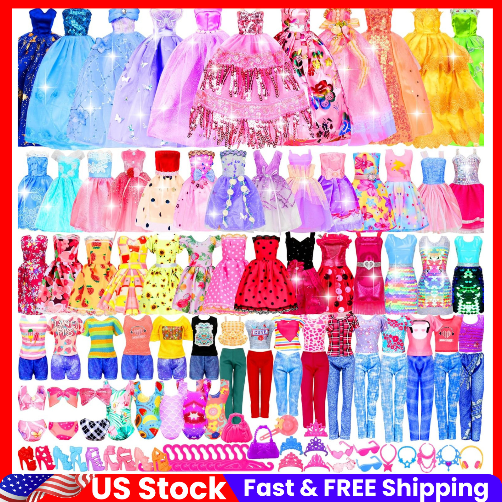 195 PCS Barbi Clothes Doll Fashion Wear Clothing Outfits Dress up Gown Shoes Lot