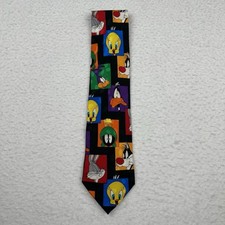 Vintage 90s Looney Tunes Mania Silk Tie Daffy Duck Bugs Bunny Marvin The Martian
