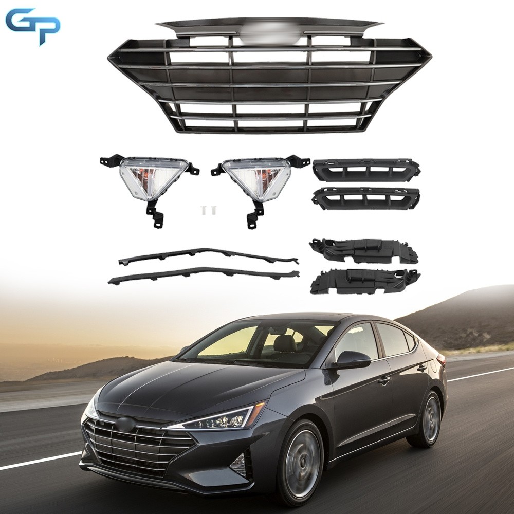 Upper Grille+Fog Lights Bracket Molding Set Front For Hyundai Elantra 2019 2020