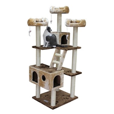 Cat Tower with Two Houses, Ten Sisal Posts and Three Beds on Top