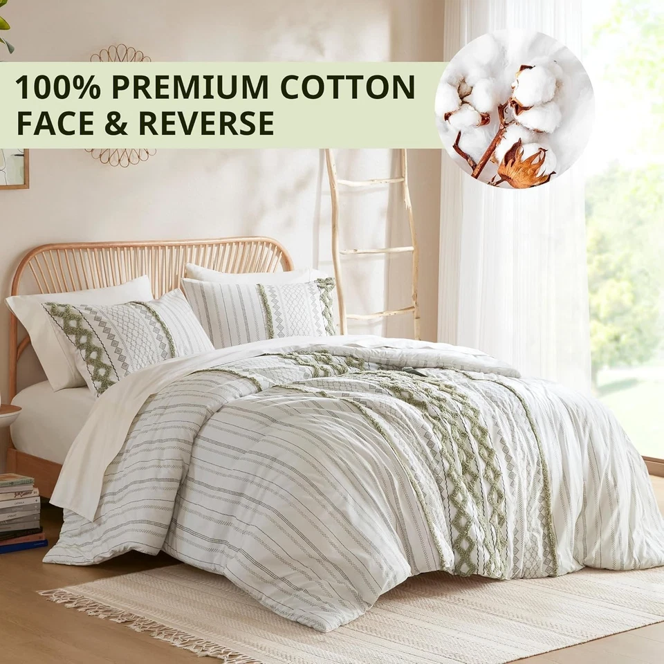 Lujoso Juego de Edredón King - Chenilla Verde Salvia Mechonada Boho Chic 3 Piezas Foto 4 de 4