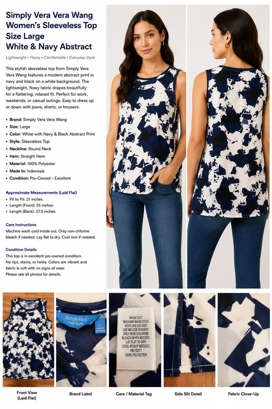Simply Vera Vera Wang Women's Sleeveless Layered Blouse Top Size L Blue White Ab