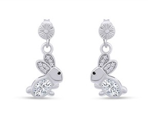 Authentic Rabbit Easter Bunny Drop Earrings Oval & Round Cubic Zirconia Sterling Silver
