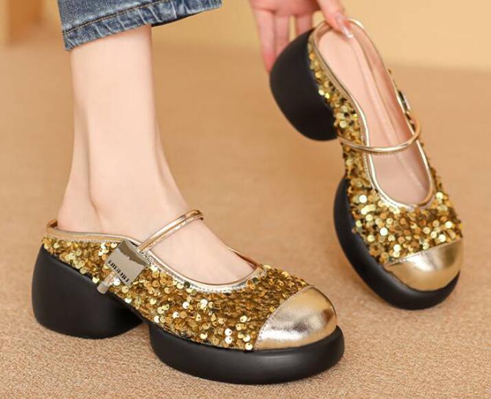 PANTOFOLA D’ORO Scarpe ciabatte donna sexy moda punta tonda paillettes pelle slip on tacco a blocco