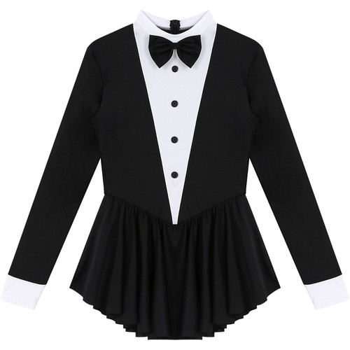 Womens Tuxedo Bow Tie Waiter Cosplay Costume Long Sleeve Ruffle Leotard Dress - Picture 3 of 19