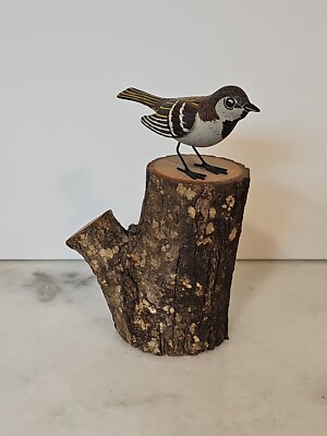VTG Bird Figurine Hand Carved Wood Painted House Sparrow Signed D. Burnett 1980