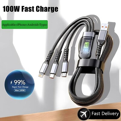 3-in-1 Fast Charging Cable 100W Nylon Braided USB-A Type-C Micro USB Cord Adapte