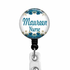 RN Nurse Personalized Badge Reel ID Holder With A Dark Blue Floral Accent, 845M