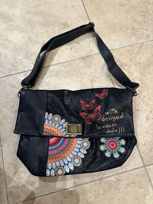 DESIGUAL painted Embroidered leather Handbag crossbody bag Butterfly Rainbow