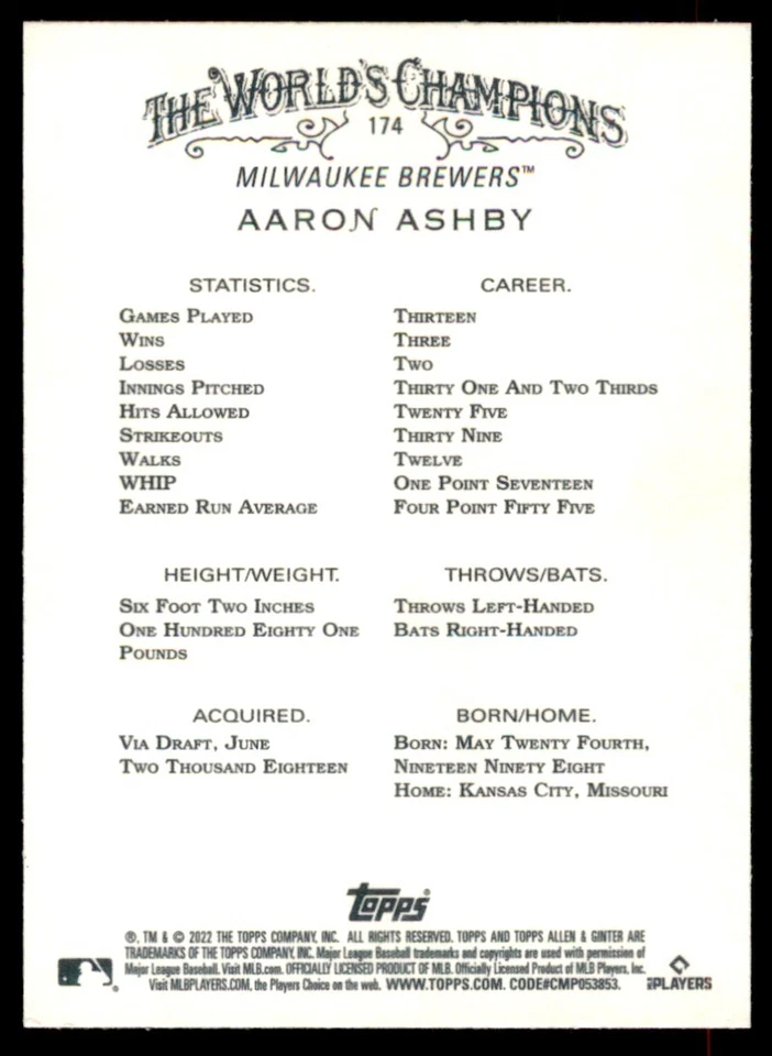 Aaron Ashby 2022 Topps Allen & Ginter Rookie Card RC #174 Milwaukee Brewers - Image 2 of 2