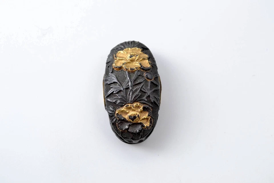 Fuchi Kashira Shakudo Nanakoji Japón antiguo diseño de incrustación de peonía mumei era Edo Foto 2 de 4