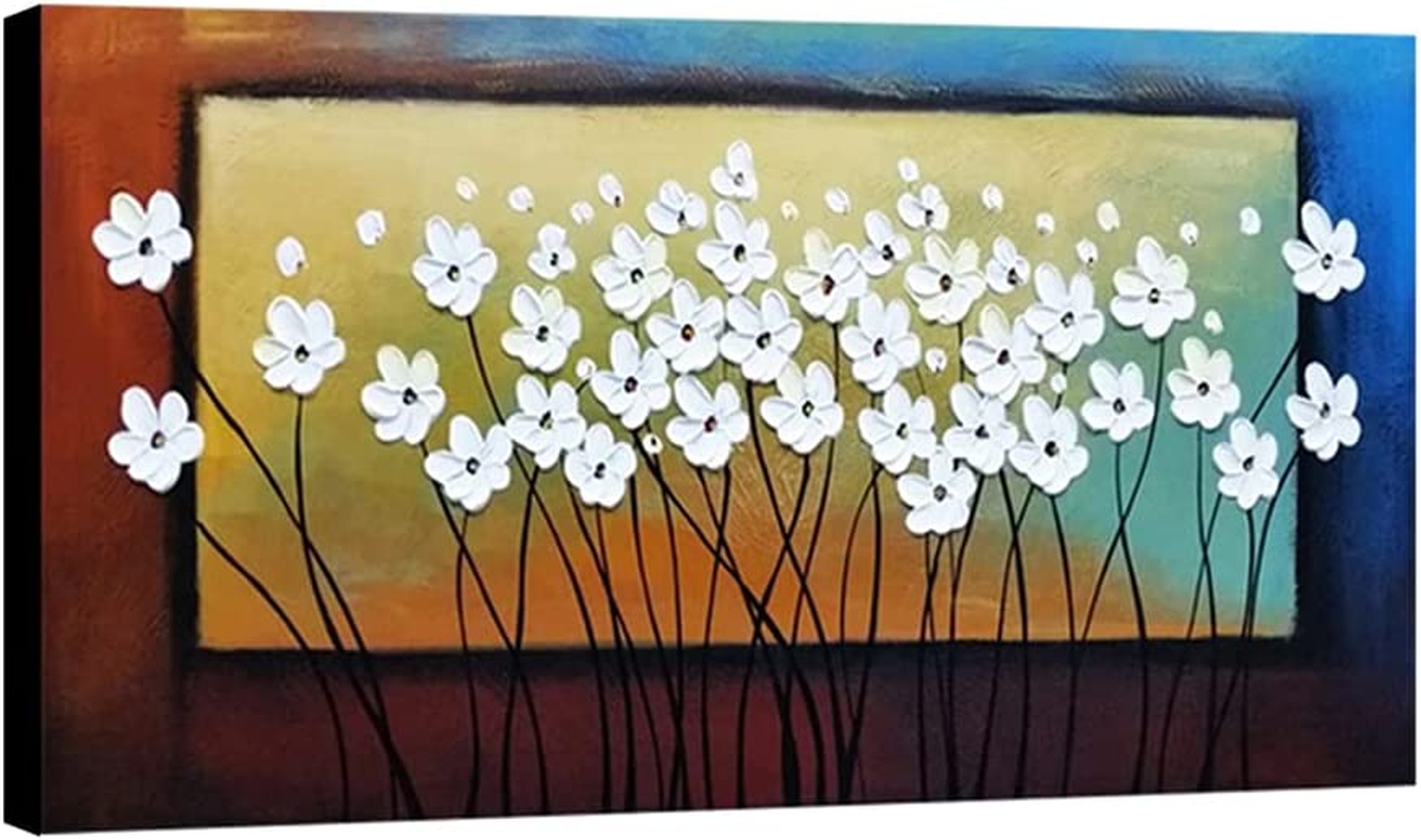 White Floral Oil Painting Canvas Wall Art for Living Room Bedroom Decor