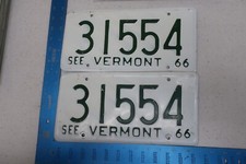 1966 66 VERMONT VT CAR VEHICLE LICENSE PLATE PAIR SET TAG #31554