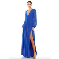 NEW MAC DUGGAL Blue V-Neck Illusion Long Sleeve Chiffon Gown Sz 12